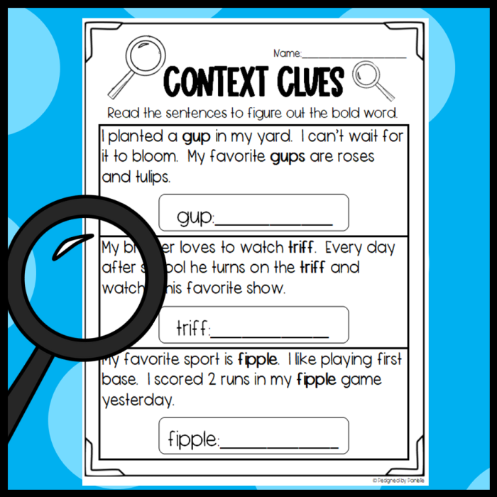 Fifth grade worksheet for practicing context clues to define unknown words instead of using a dictionary