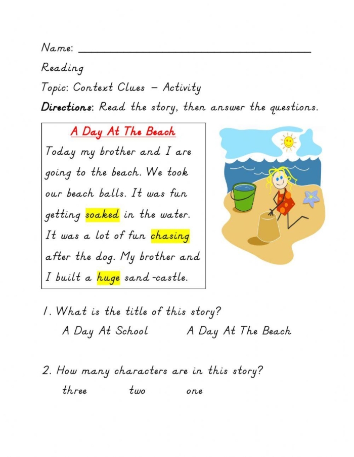Fifth grade worksheet showing context clues exercise for understanding word meanings through surrounding sentences