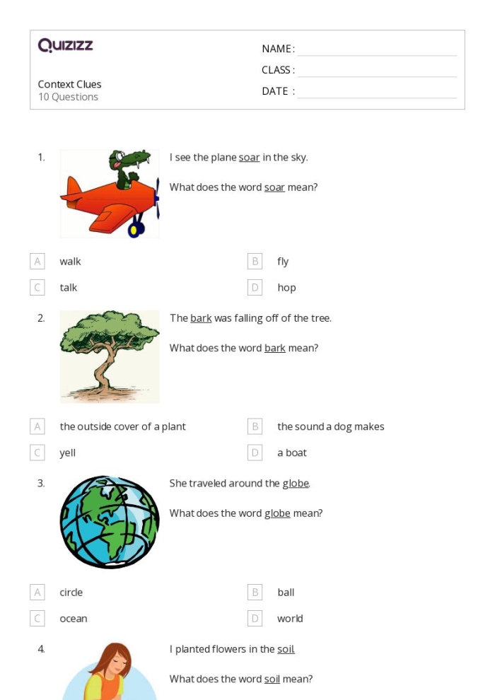 A fifth grade worksheet showing exercises for using context clues to determine the meaning of unfamiliar words in sentences and passages