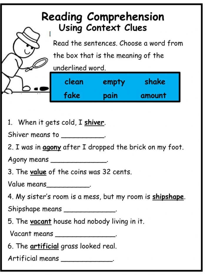 Fifth grade student filling out a Using Context Clues worksheet to determine word meanings