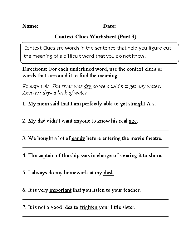 Fifth grade student practicing reading comprehension with the Using Context Clues worksheet number seven