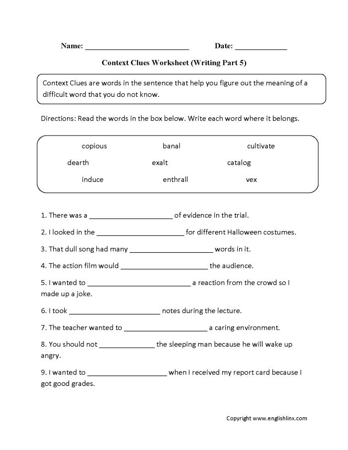 How to effectively use context clues in reading comprehension activities Worksheet for fifth graders on using context clues to define unfamiliar words