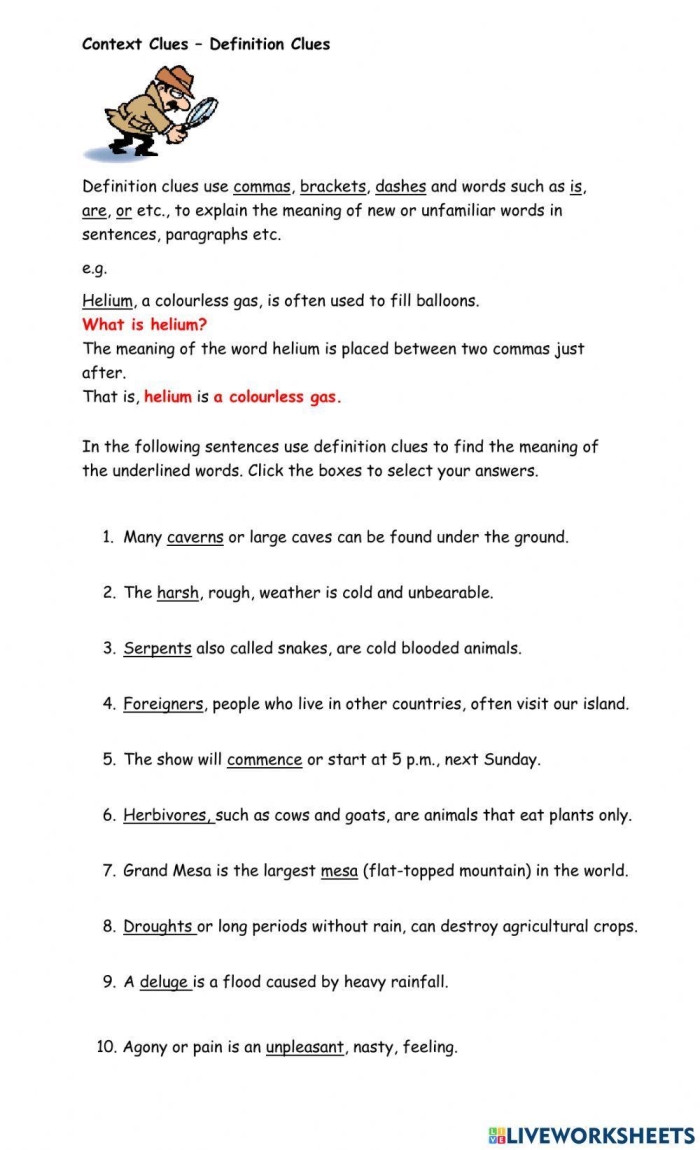 Assessing students' skills in defining words through context clues Worksheet for understanding context clues in vocabulary for fifth graders