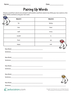 Pairing Up Words: Contractions and Compound Words Practice Activity 14 Fifth grade worksheet showing exercises for combining words into contractions and hyphenated compound words with answer spaces