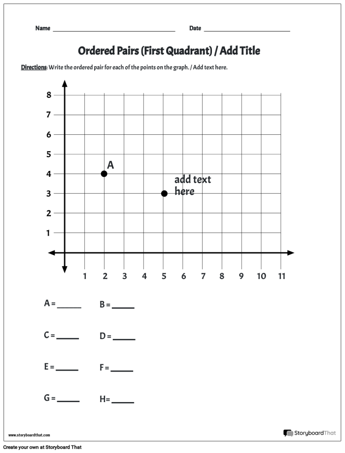 Fifth grade student worksheet for plotting positive ordered pairs on a coordinate grid