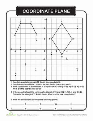 Fifth grade worksheet featuring coordinate plane word problems for interpreting data in the first quadrant