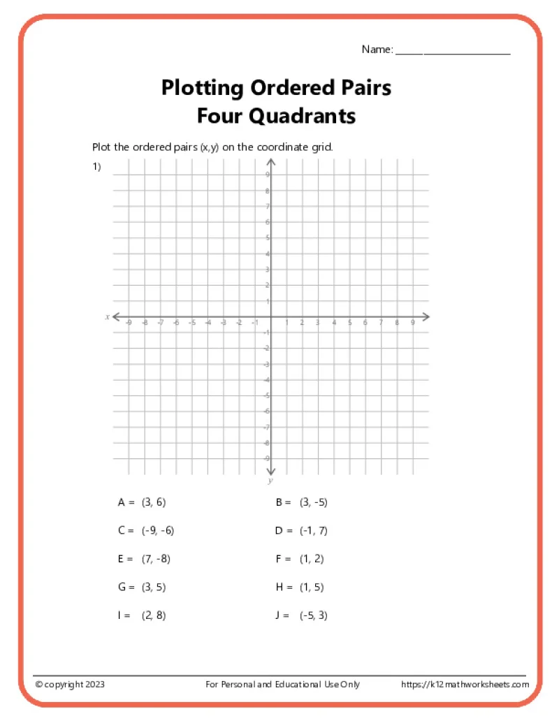 Fifth grade student practicing coordinate plane skills with an ordered pairs worksheet