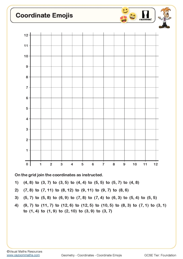 Image title: Practice with Coordinates worksheet guiding students through a fun learning activity. ALT text: A fifth-grade student solving a coordinate plane worksheet to help Roly reach the ice cream.