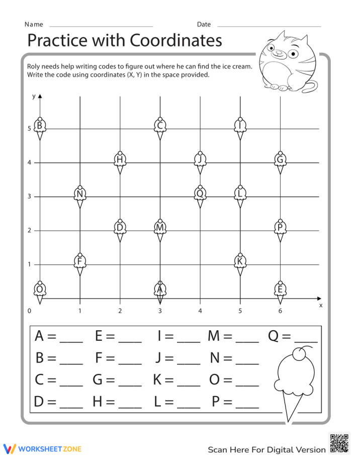 Engaging Practice with Coordinates worksheet for fifth graders Worksheet featuring Roly navigating a coordinate plane to reach ice cream