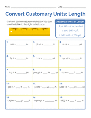 Worksheet for converting customary length units for fifth and sixth graders