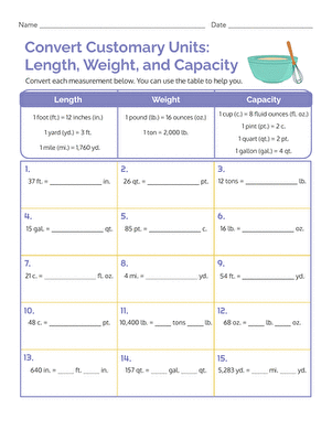 Customary Units Conversion worksheet for fifth graders focusing on length, weight, and capacity