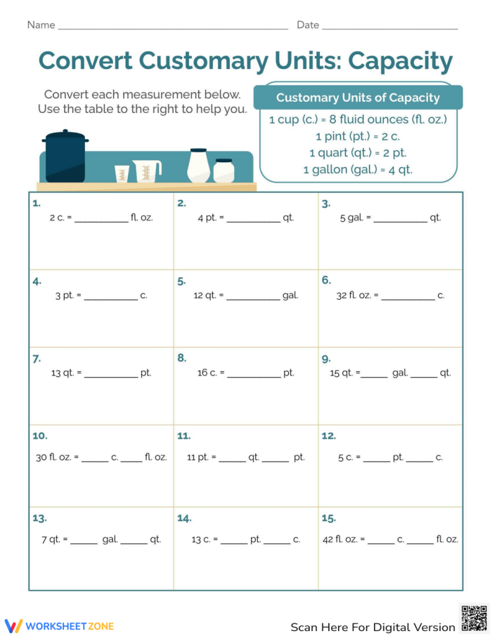 Fifth grade worksheet for practicing the conversion of customary length weight and capacity measurements