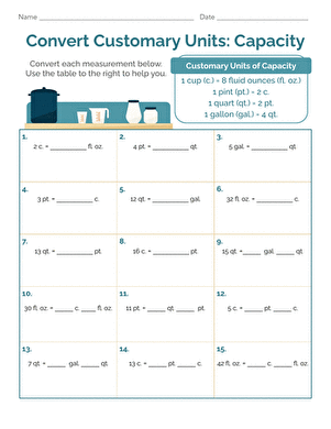 Worksheet for converting customary units of length, weight, and capacity for fifth graders