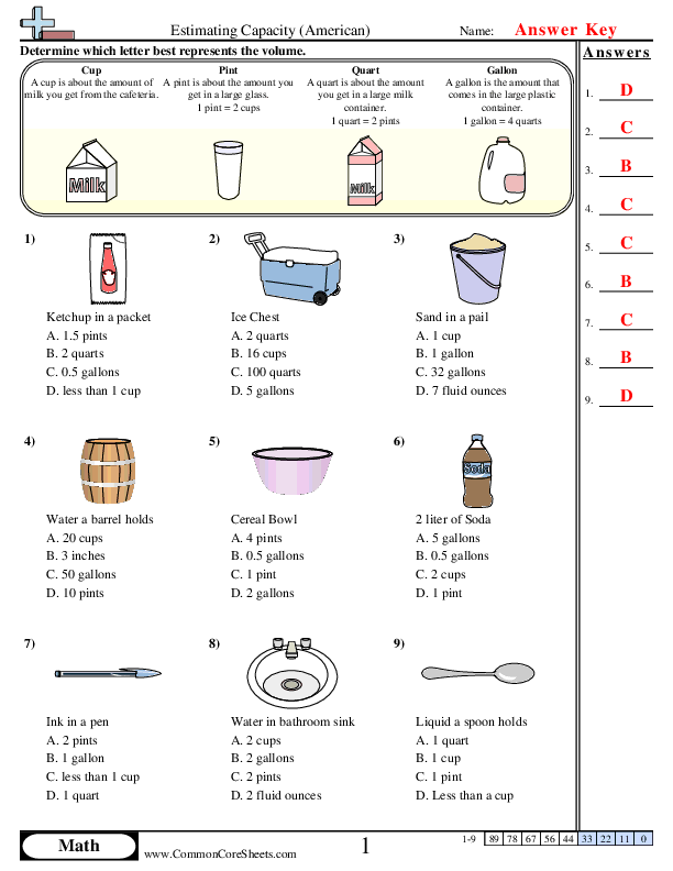 Worksheet for converting customary units of length, weight, and capacity for fifth graders