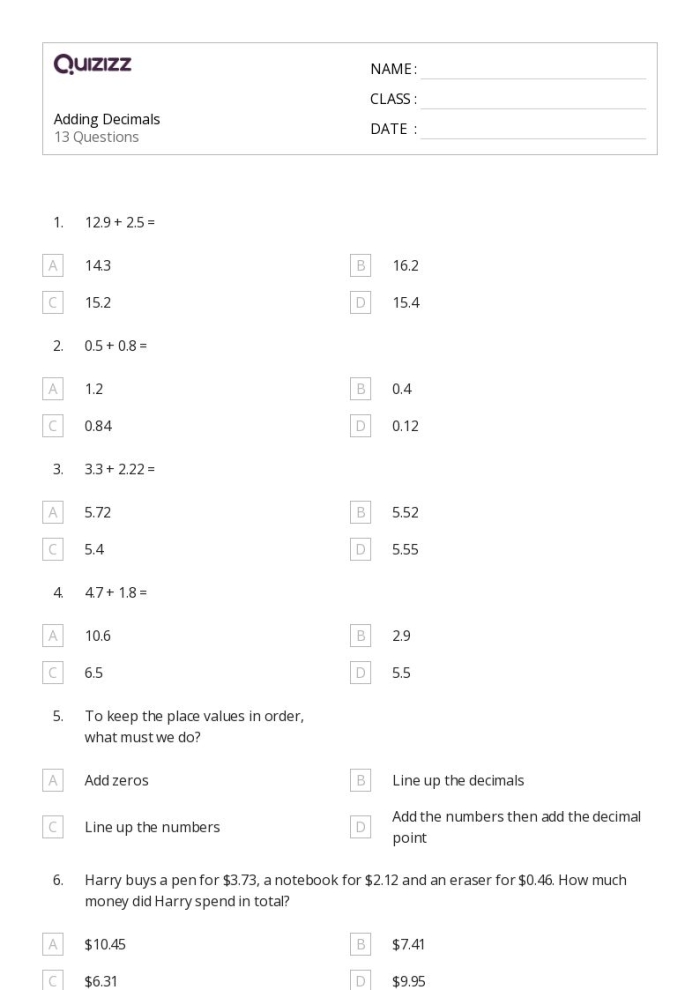 Fifth grade student practicing addition of decimals to the thousandths place worksheet 11