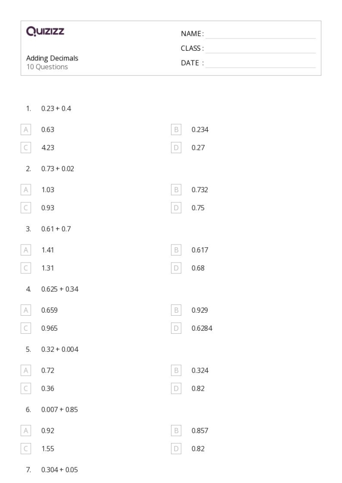 Fifth grade math quiz worksheet showing decimal addition problems to the hundredths place