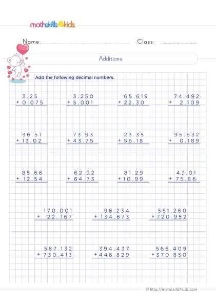 Visual aid for the Practice Adding Decimals worksheet aimed at geometry learners in fifth grade Worksheet for practicing the addition of decimals up to the hundredths place for fifth graders