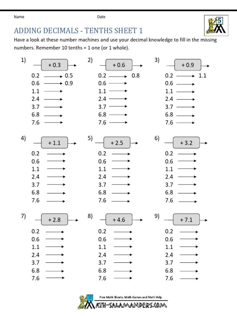 Decimal Addition Worksheet Page 6 for Grade 5 Math Practice Fifth grade student completing a math exercise on adding decimals with a focus on decimal point alignment