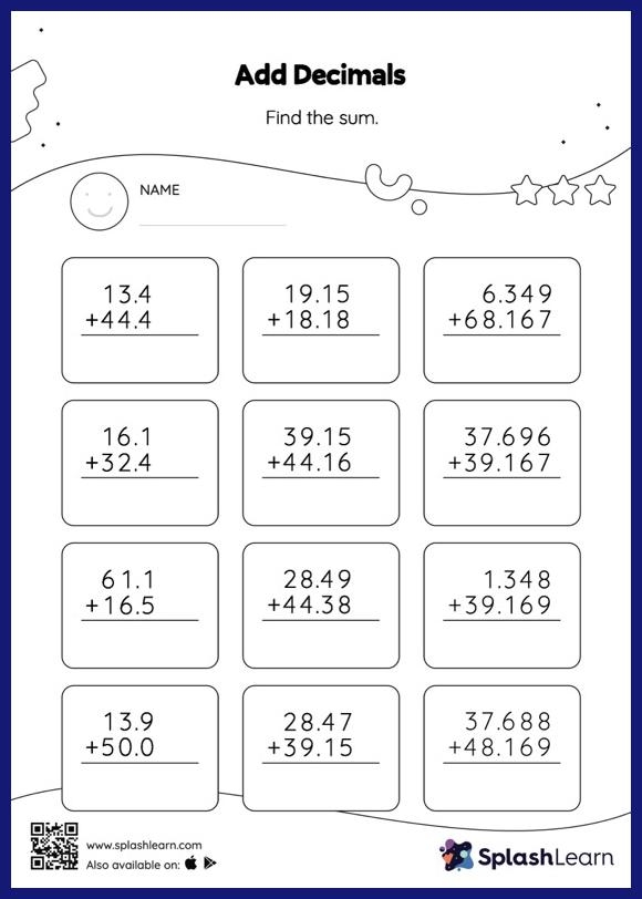 Decimal Addition Worksheet Four for Fifth Grade Math Practice Fifth grade student practicing decimal addition problems on a math worksheet