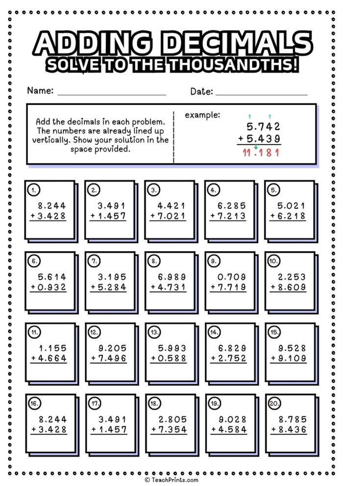 Fifth grade math quiz worksheet showing decimal addition problems to the hundredths place with answer spaces