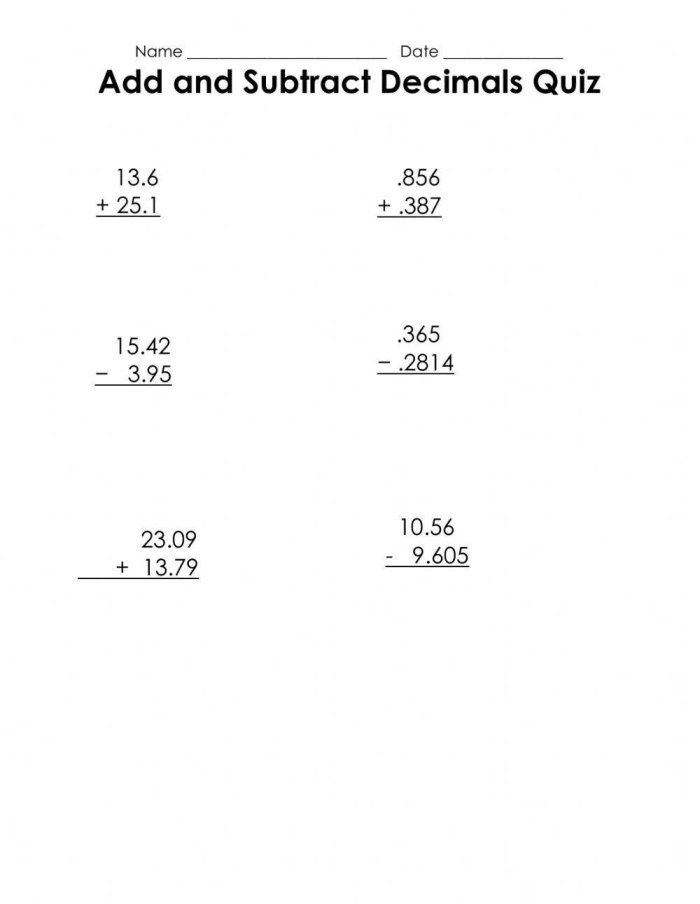 Fifth grade math worksheet featuring a decimal addition quiz up to the hundredths place