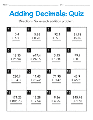 Fifth grade math quiz worksheet for practicing decimal addition to the hundredths place
