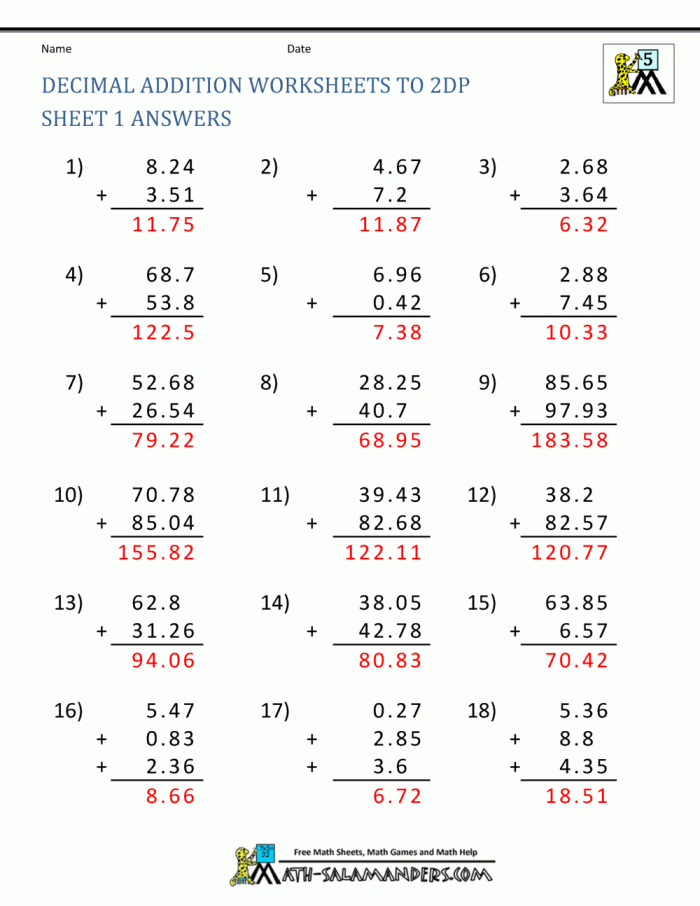 Engaging activity page for practicing decimal addition skills in 5th grade Decimal Addition worksheet for fifth graders focusing on adding decimal numbers