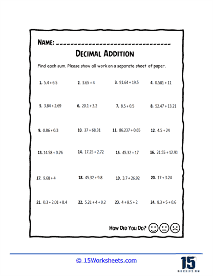 Decimal Addition Worksheet Practice for Fifth Grade Students 22 Fifth grade student completing a decimal addition worksheet with various math problems