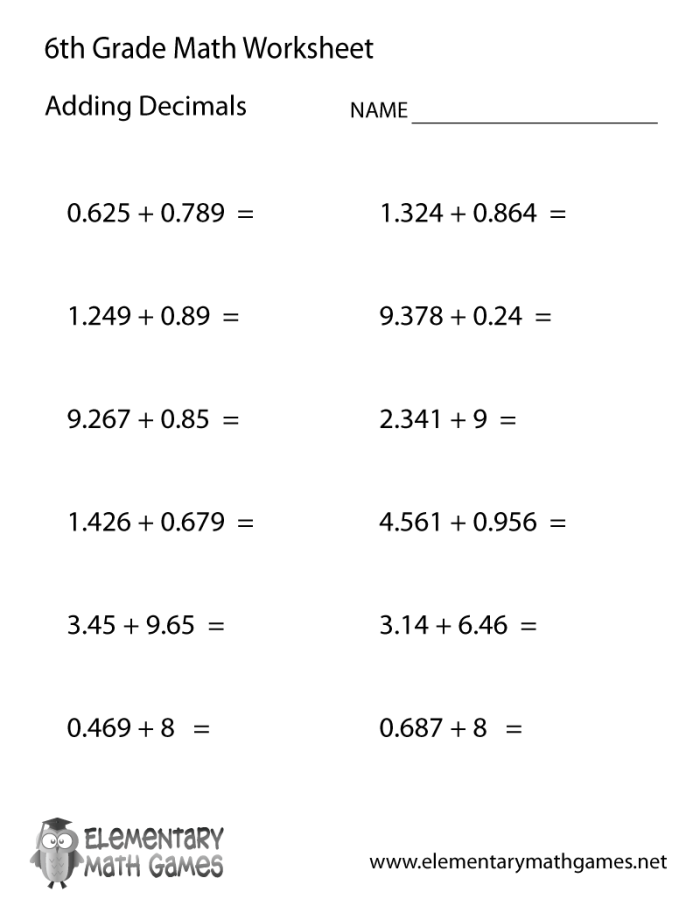 Fifth grade math worksheet showing decimal addition problems with numbers extending to the thousandths place for student practice