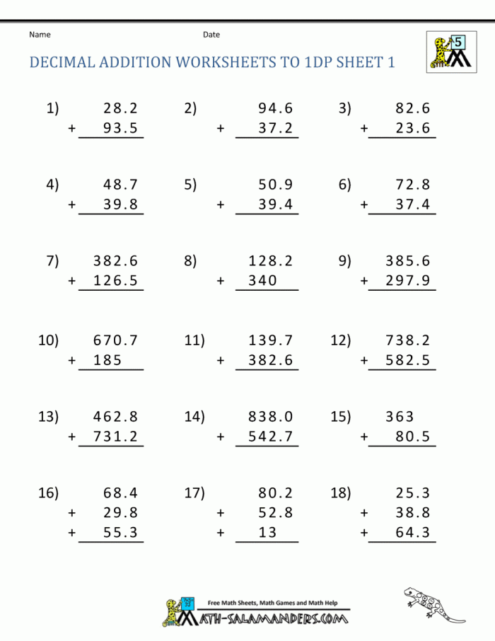 Fifth grade math worksheet showing decimal addition problems with numbers extending to the thousandths place