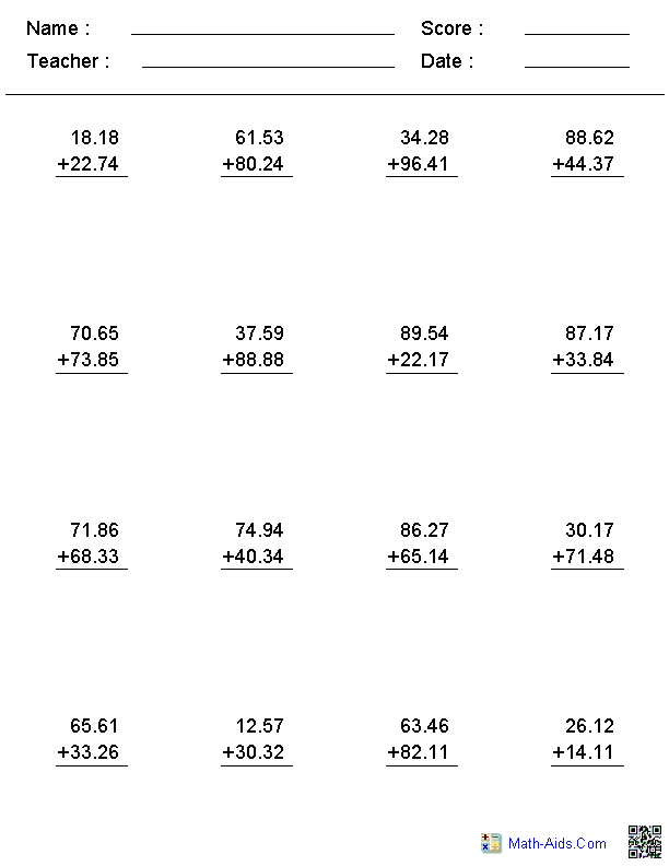 Practice adding decimals with this engaging worksheet for children Students working on a Decimal Addition worksheet for fifth grade