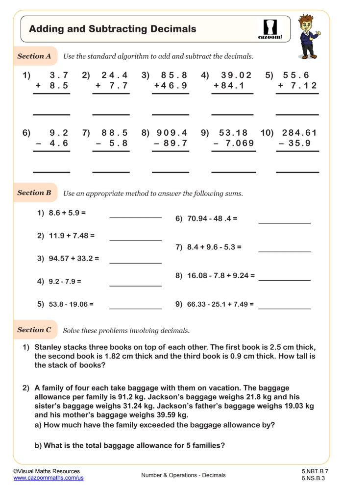 Fifth grade math worksheet showing decimal addition problems with numbers extending to the thousandths place