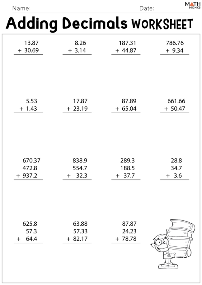 Fifth grade worksheet for practicing decimal addition up to the thousandths place