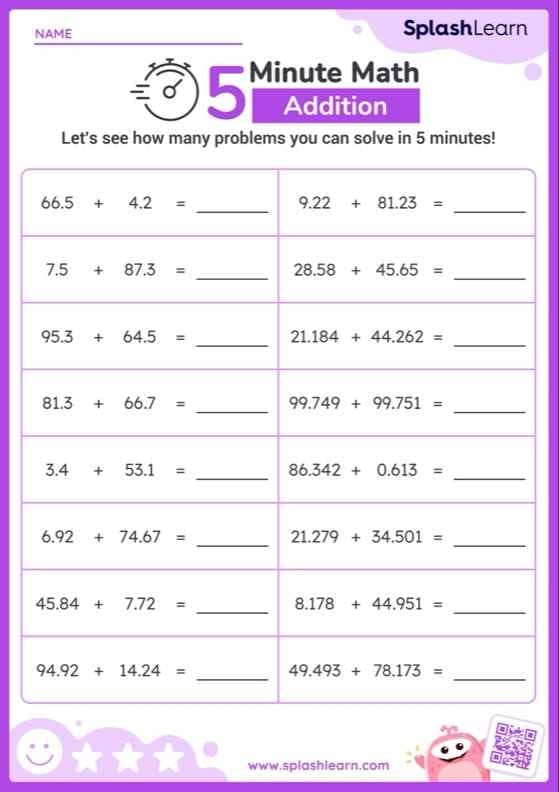 Worksheet for adding decimals practice aimed at fifth-grade students Fifth grade worksheet for practicing the addition of decimals to the hundredths place