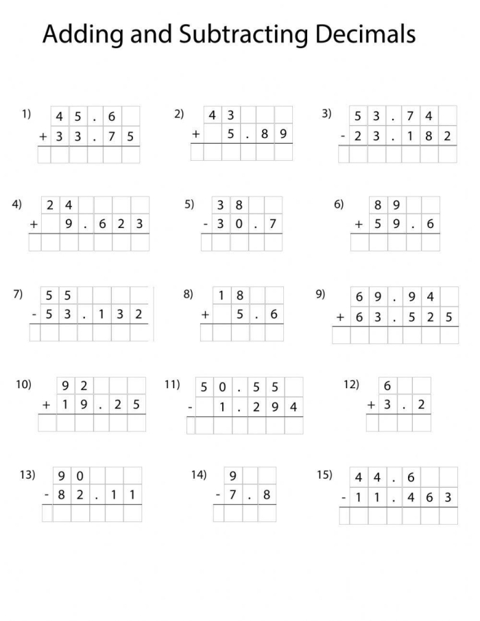 Fifth grade student completing a decimal addition quiz worksheet to the hundredths place