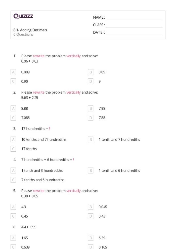 Fifth grade math quiz worksheet showing decimal addition problems to the hundredths place with answer spaces