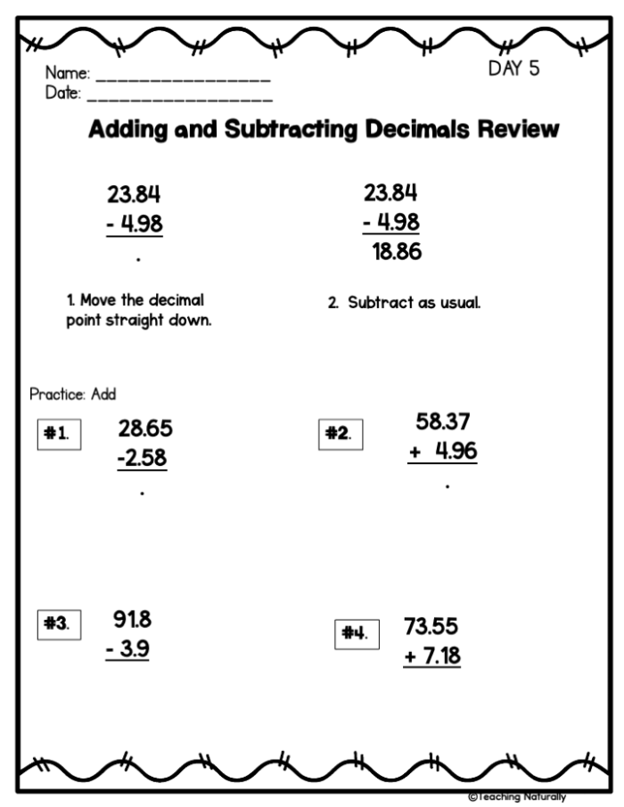 Fifth grade math worksheet featuring decimal addition problems to the hundredths place