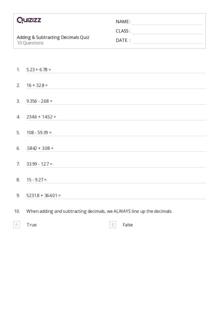 Fifth grade math quiz worksheet featuring decimal addition problems to the hundredths place with answer spaces for students to complete