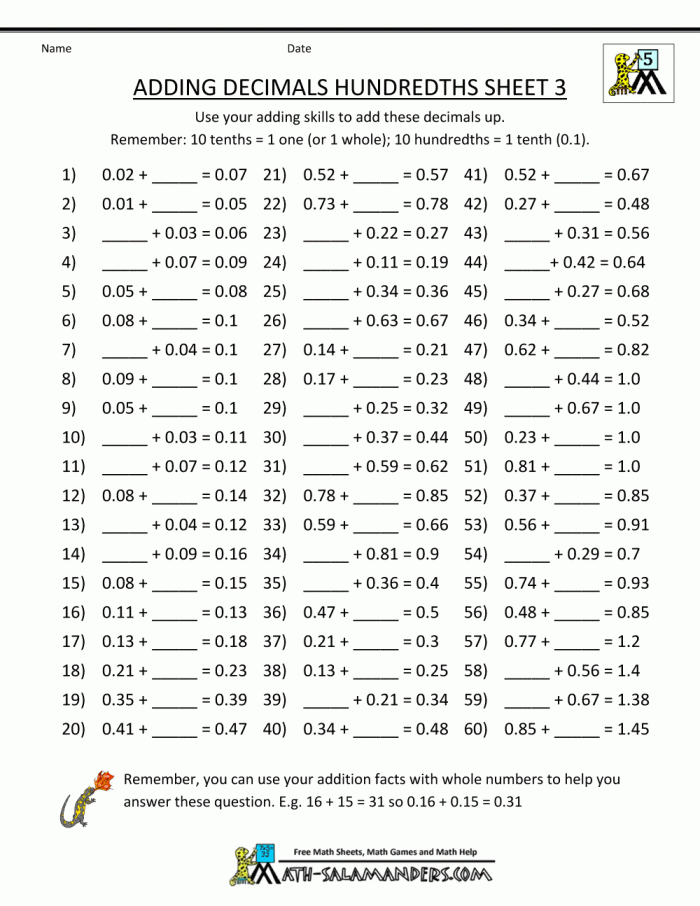 Fifth grade math worksheet focused on adding decimals up to the thousandths place