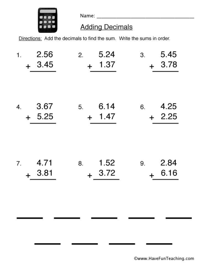 Worksheet image illustrating decimal addition exercises for students in grade five Decimal Addition worksheet for fifth graders practicing their skills with decimal numbers