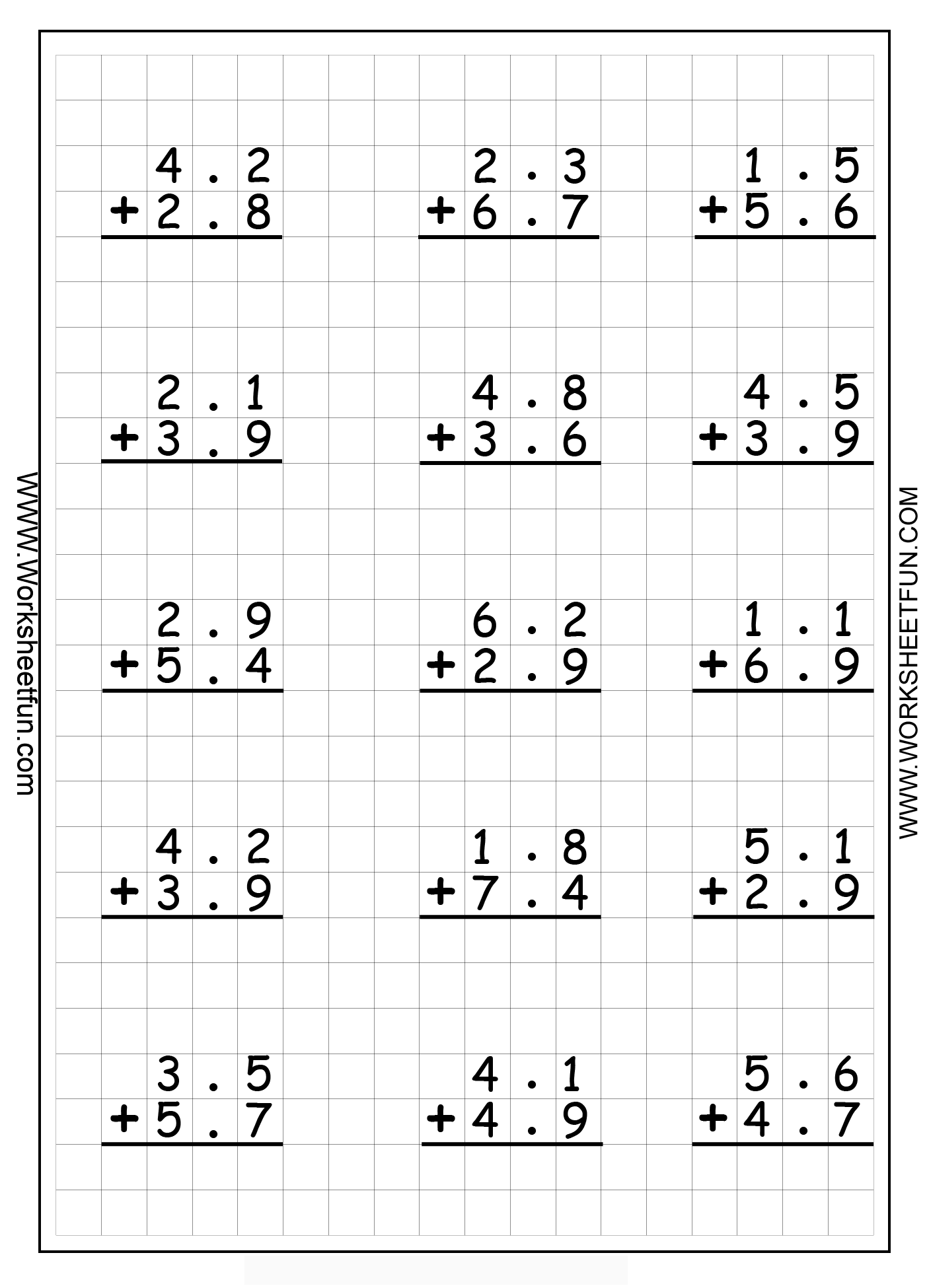 Decimal Addition Worksheet Practice for Grade 5 Math Lesson 9 Fifth grade decimal addition worksheet with math problems featuring vertical alignment and decimal points