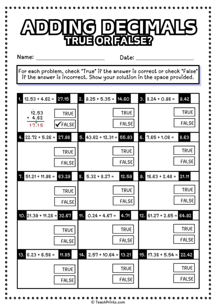 Decimal Addition Practice Worksheet for 5th Grade Math Lesson 12 Fifth grade math worksheet featuring decimal addition problems for students to solve