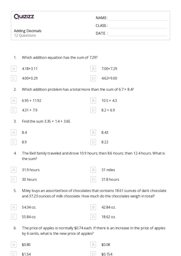Fifth grade math worksheet focused on adding decimals up to the thousandths place