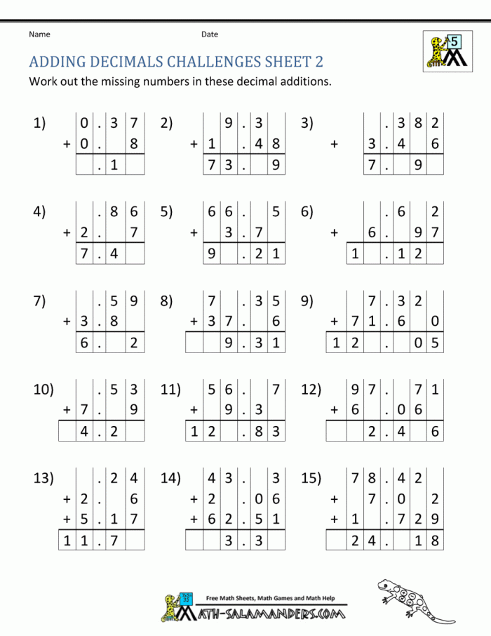 Practice Adding Decimals worksheet for geometry learning in 5th grade Worksheet for adding decimals to the hundredths place for fifth graders