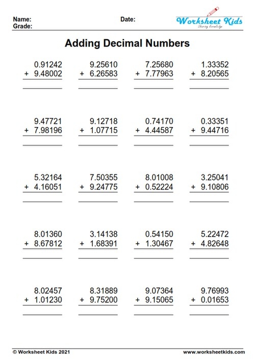 Decimal Addition Worksheet Number 13 for Fifth Grade Math Practice Fifth grade math worksheet featuring decimal addition practice problems