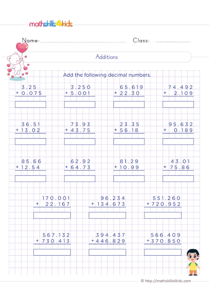 Practice Adding Decimals worksheet for geometry students in grade five Worksheet featuring exercises on adding decimals to the hundredths place for fifth graders