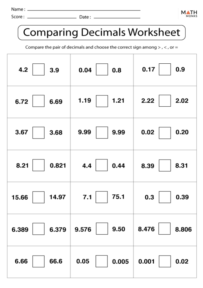 Fifth grade students practicing comparing and rounding decimals on a math worksheet