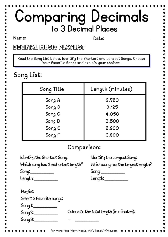 Fifth grade math worksheet showing decimal comparison and rounding practice problems for students