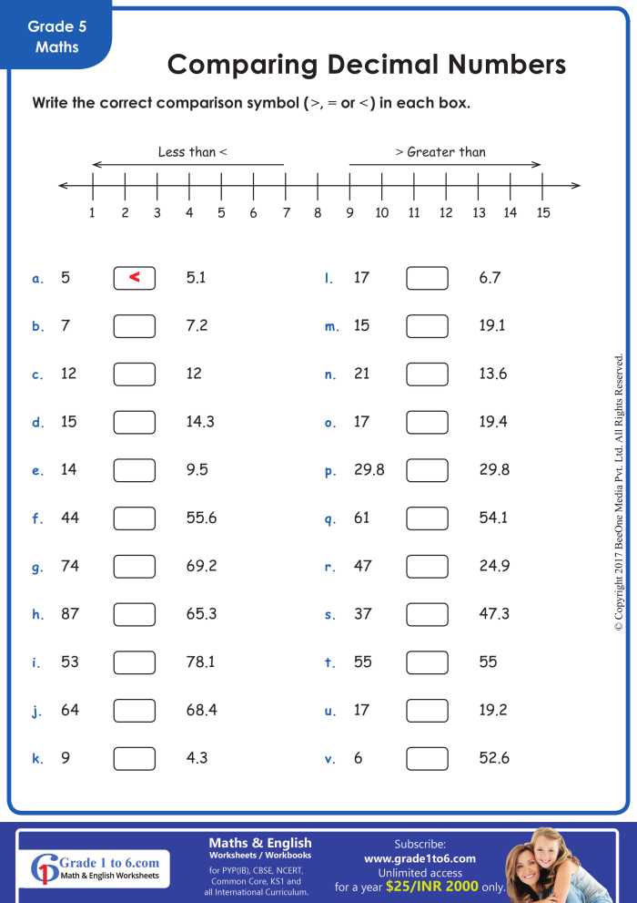 Fifth grade math worksheet showing decimal comparison and rounding practice problems for students