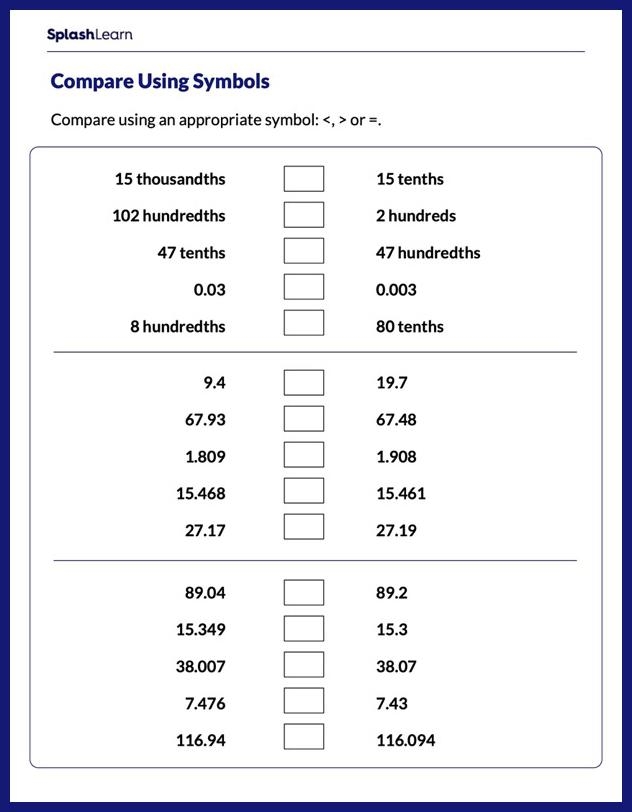 Fifth grade math worksheet showing decimal comparison and rounding practice problems for students